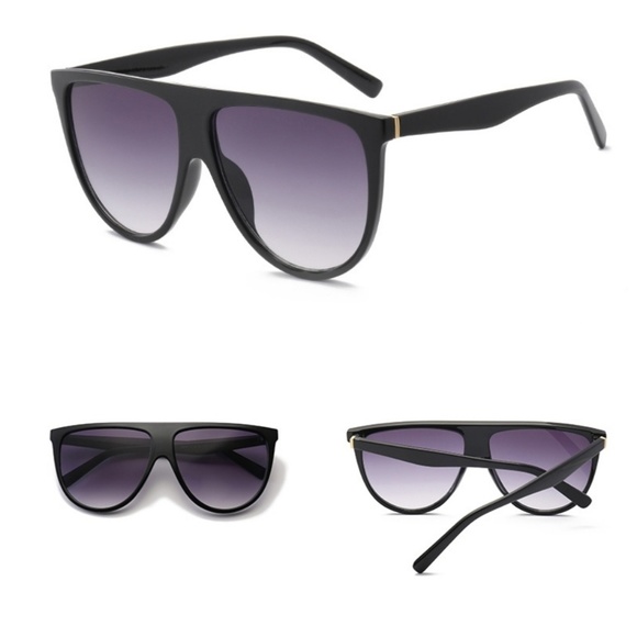 New 🎅 Black Thin Flat Top Oversized Sunglasses - Picture 4 of 8